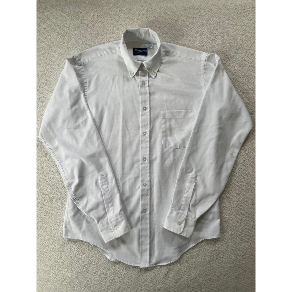Vintage USA 70's Manhattan Mens 15.5 Button Down Shirt White Oxford Long Sleeve